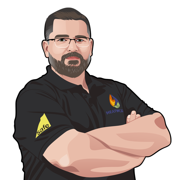 shaun Illustrated portrait of a Heatworks Plumbing and Heating engineer wearing branded uniform